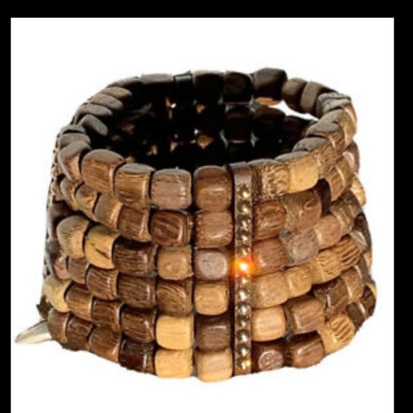 Wood Rhinestone Panels Fashion Stretch Bracelet